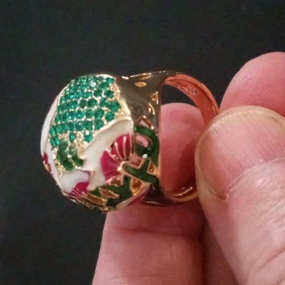 Goldstone Enamel Lotus Rhinestone Ring Sz 9 - Picture 3 of 6